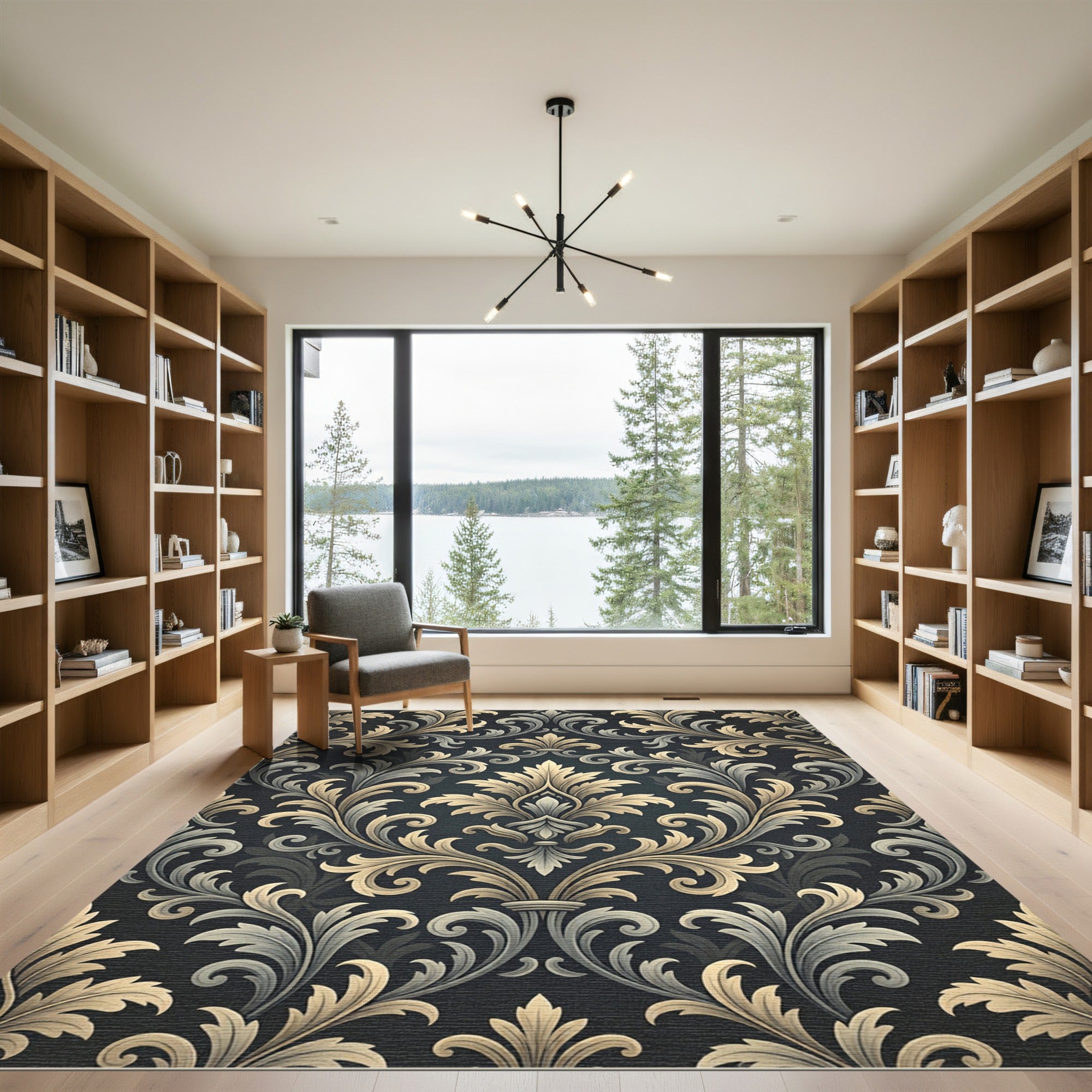 Elegant Gold Charcoal Damask Scroll Rug