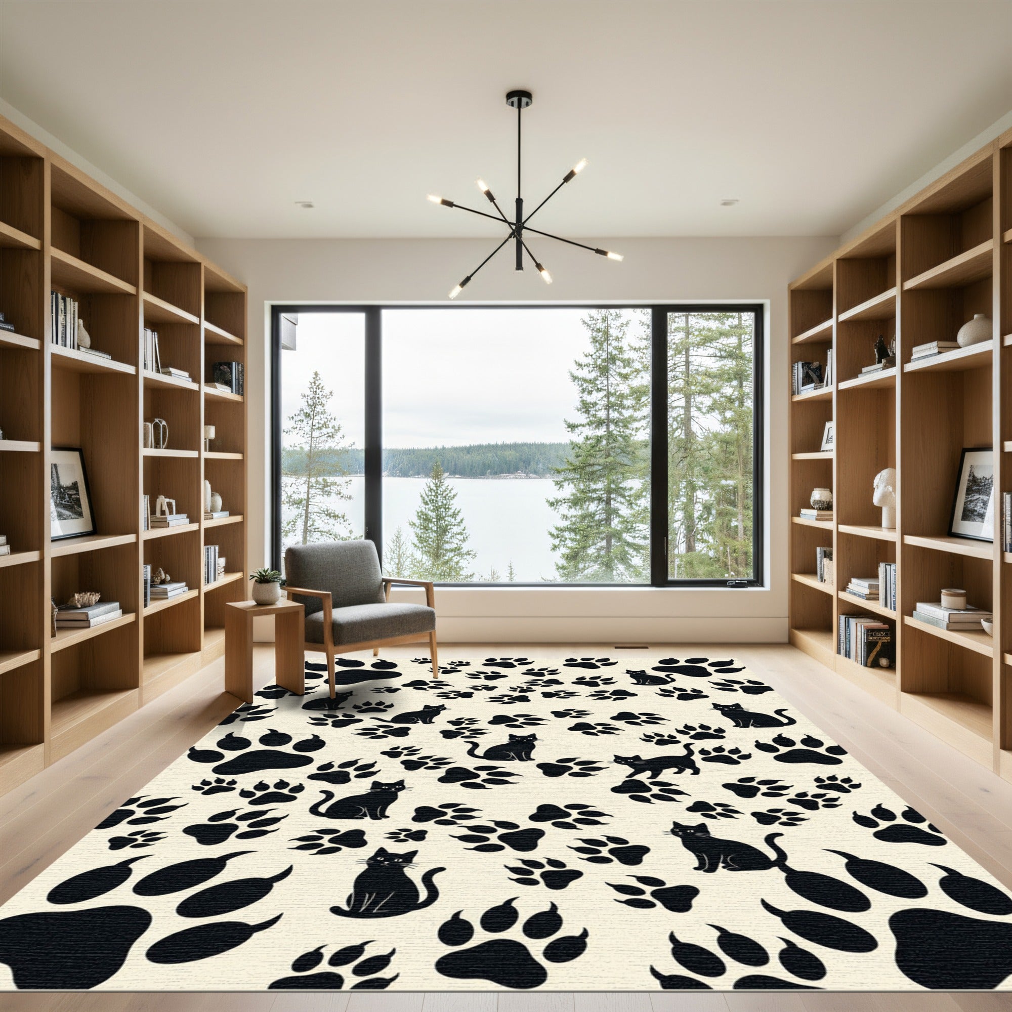 Whimsical Black Silhouette Cat Paw Rug