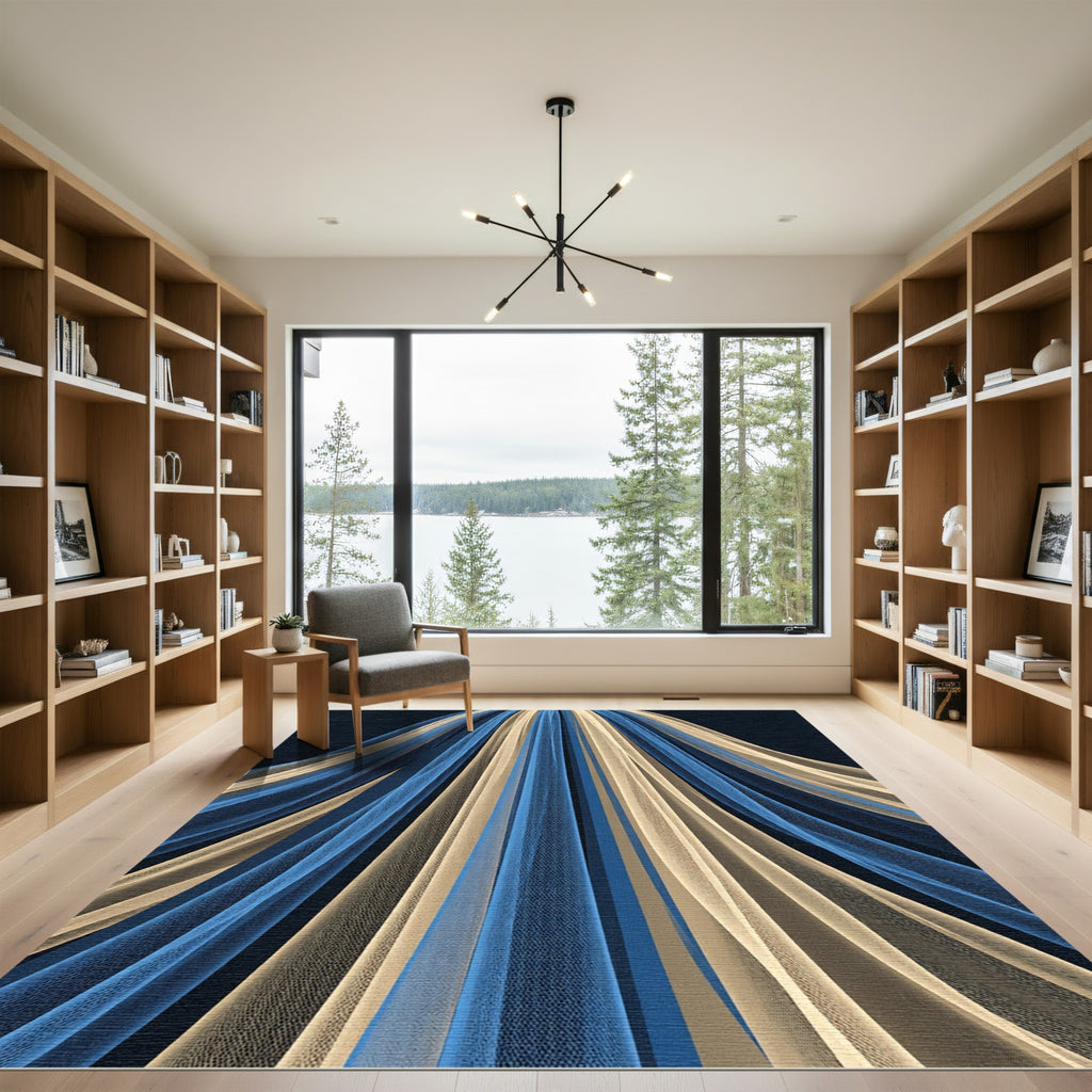 Blue and Cream Abstract Linear Flow Rug