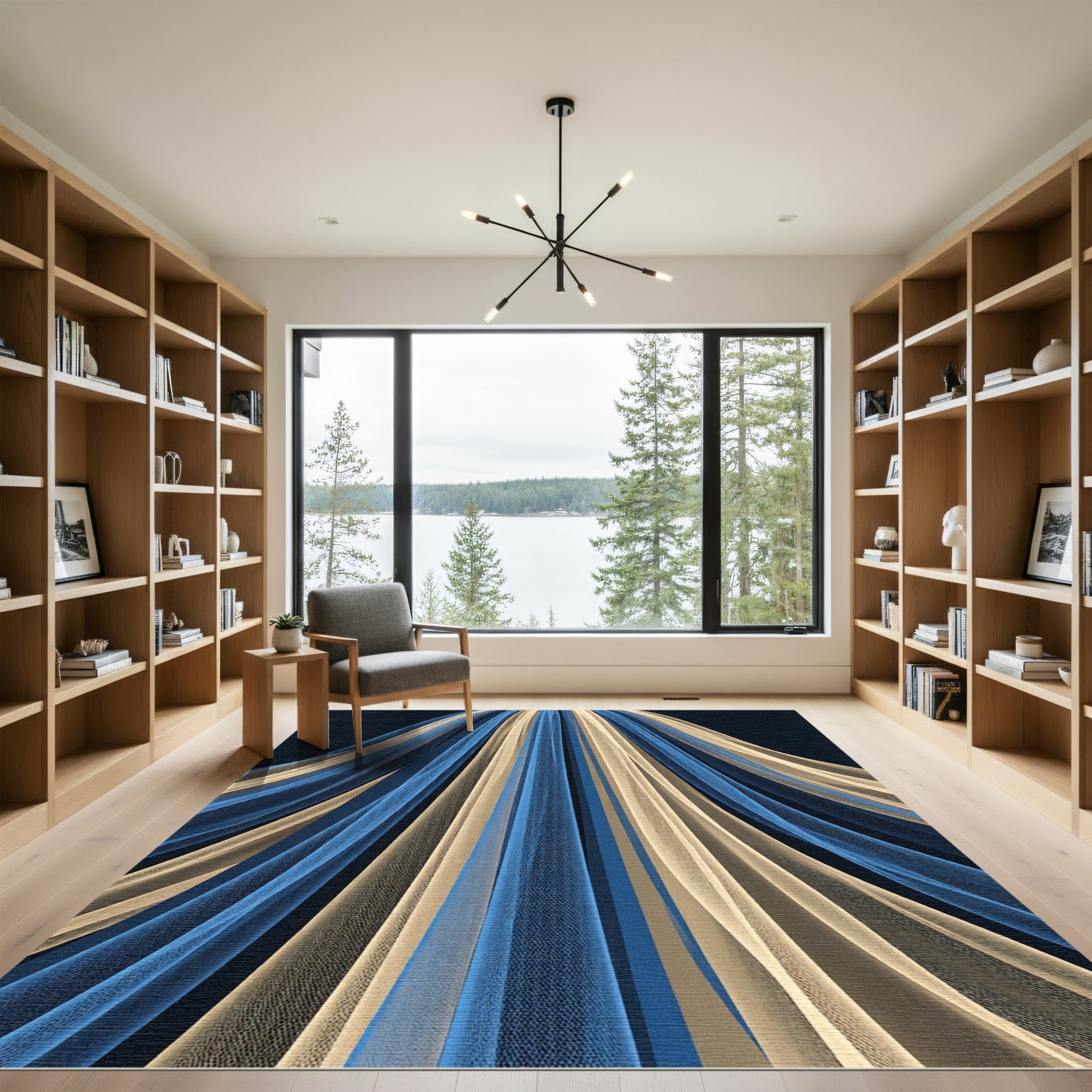 Blue and Cream Abstract Linear Flow Rug