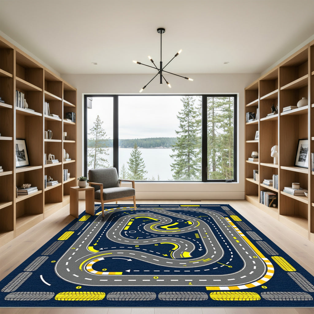 Dynamic Yellow Race Track Circuit Rug