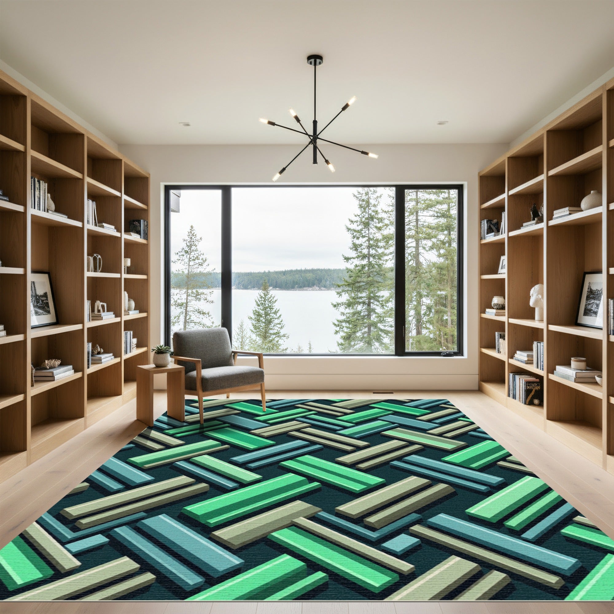Green Teal Herringbone Blocks Rug