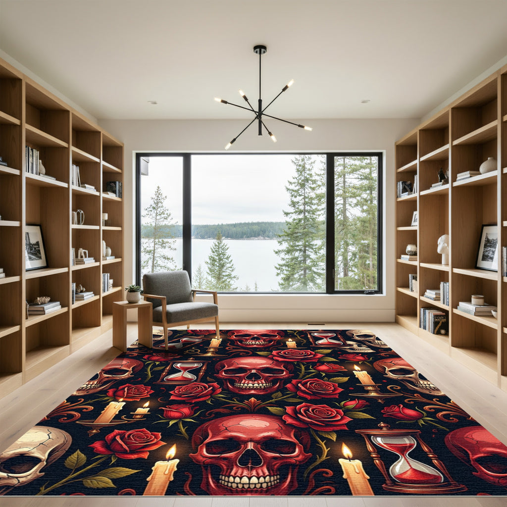 Gothic Red Skull Hourglass Rose Art Rug