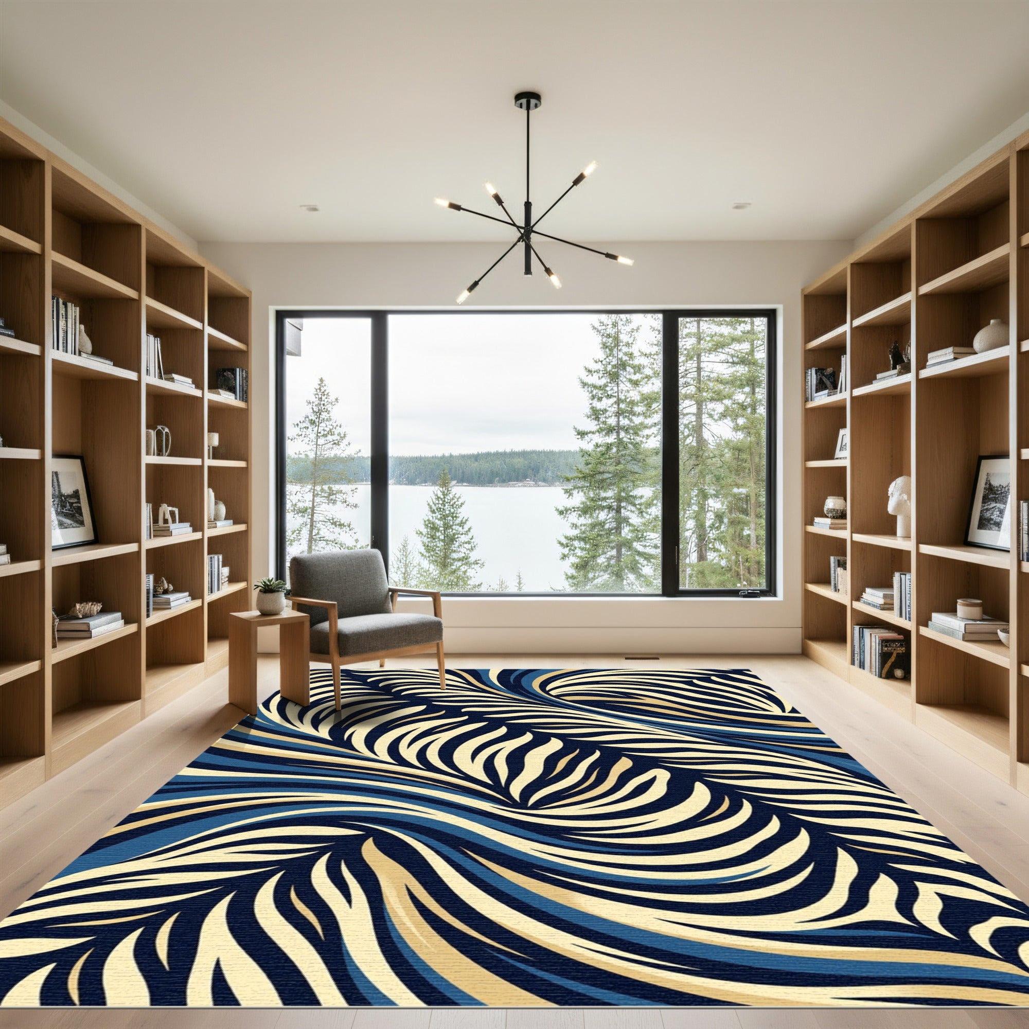 Abstract Swirling Navy and Gold Waves Rug