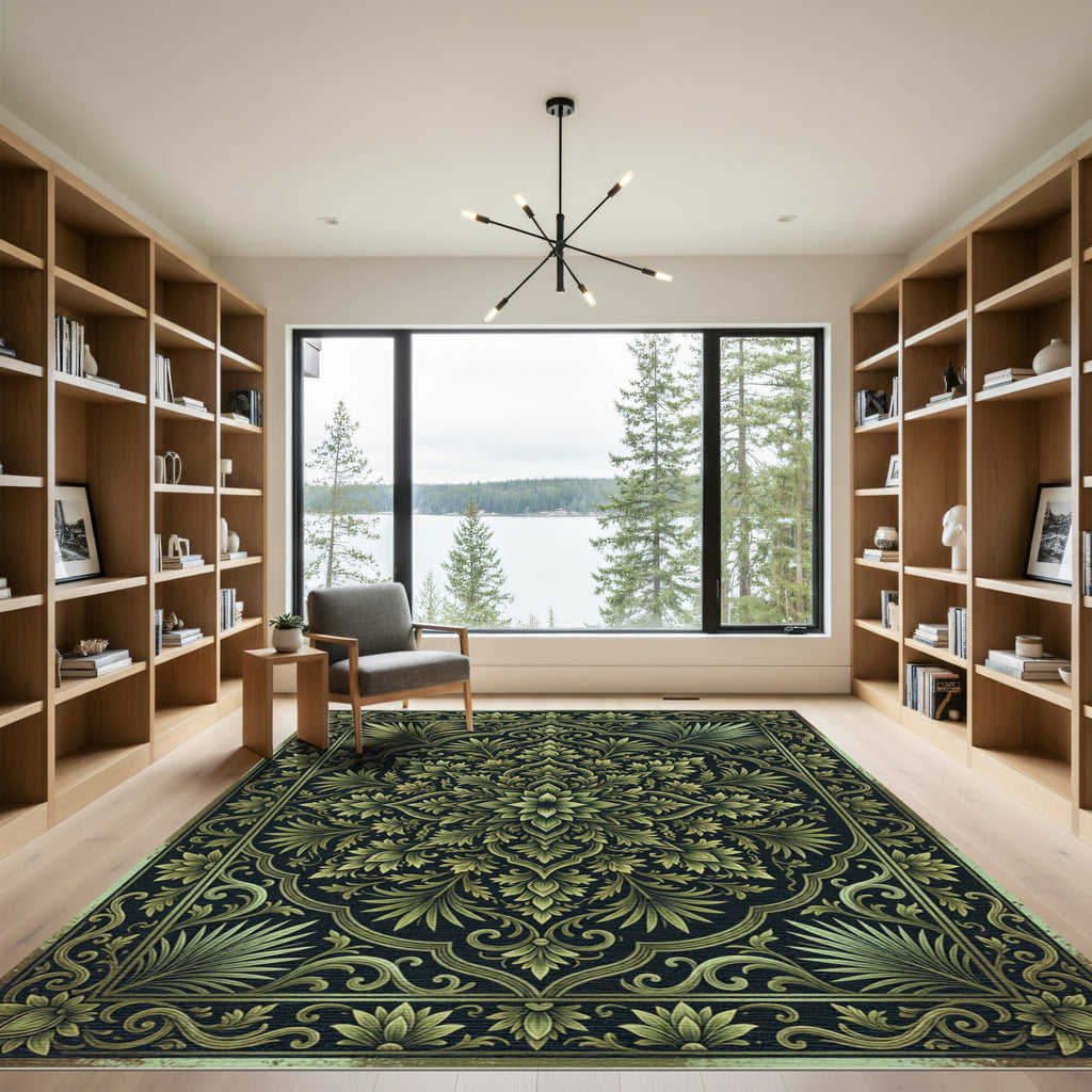 Ornate Gold Green Floral Medallion Rug
