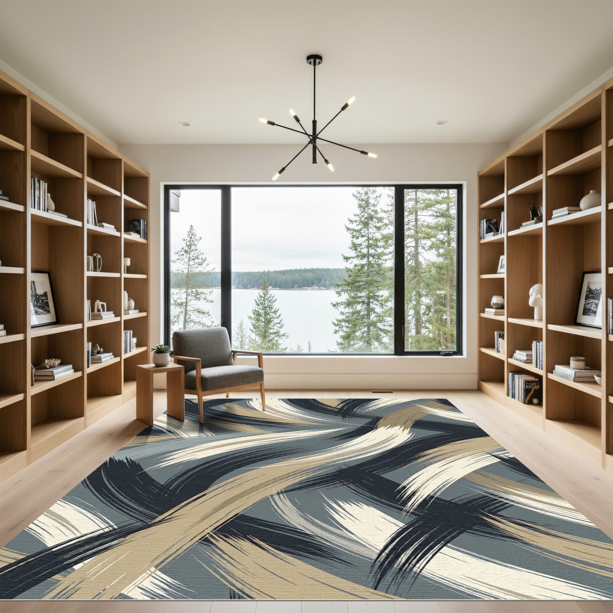 Abstract Brushed Swirls Blue Beige Rug