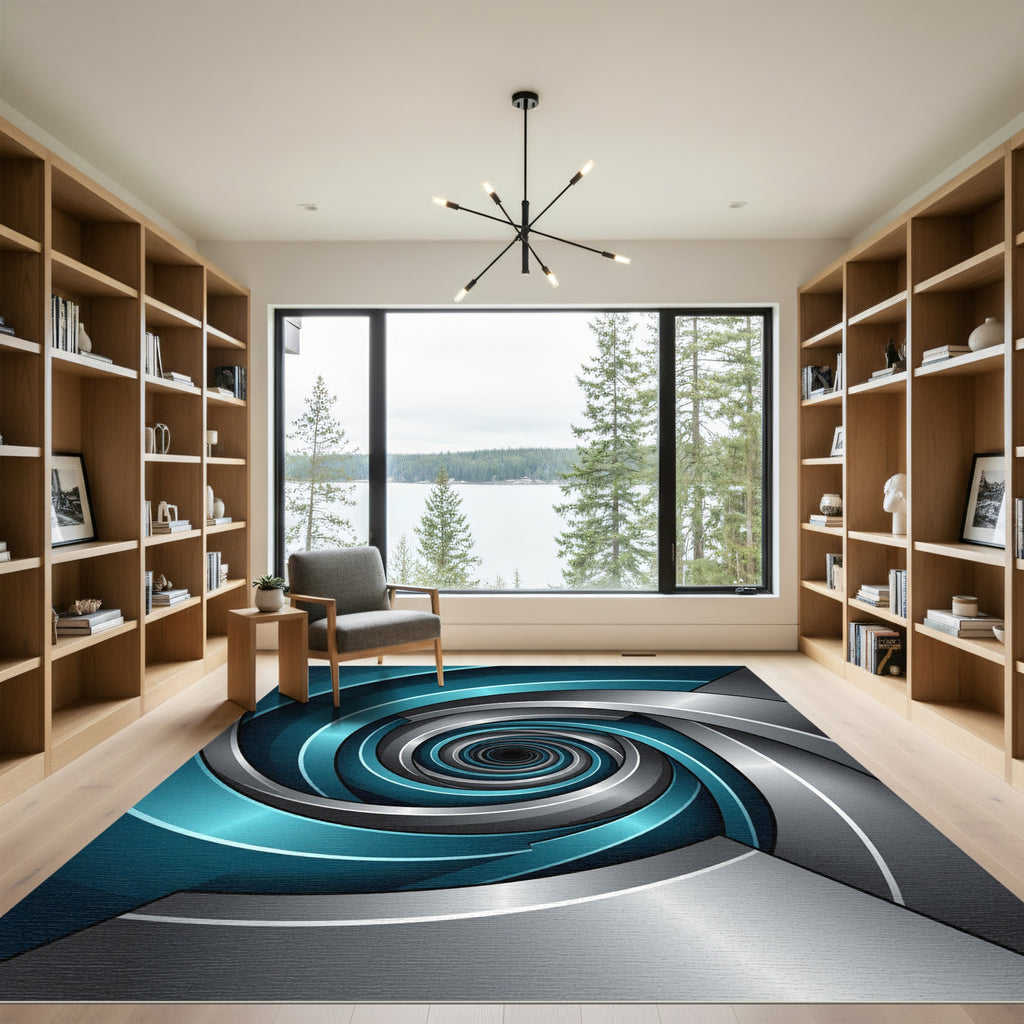 Modern Teal and Silver Infinitum Swirl Rug