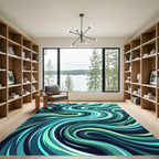 Abstract Teal and Lime Swirling Waves Rug