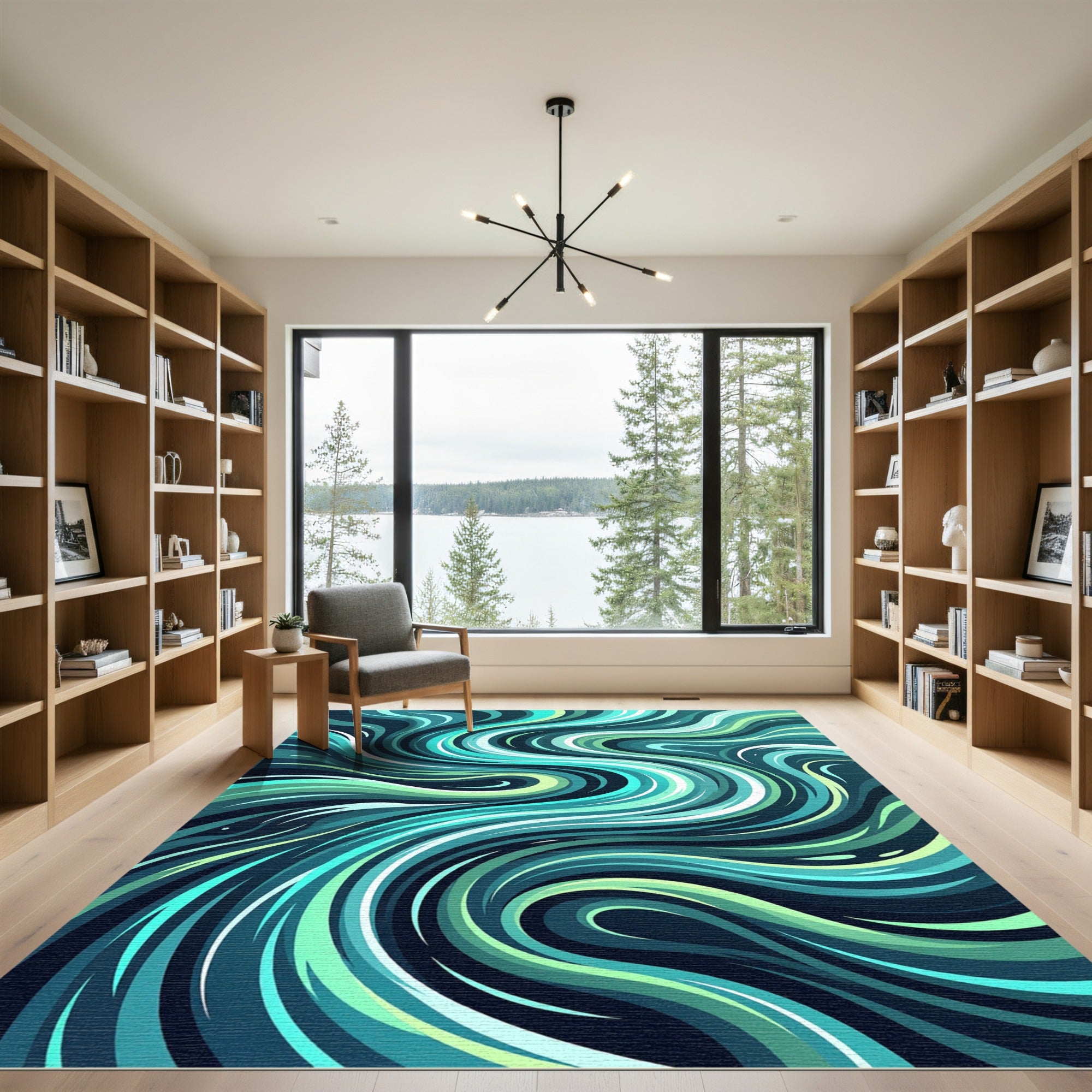 Abstract Teal and Lime Swirling Waves Rug