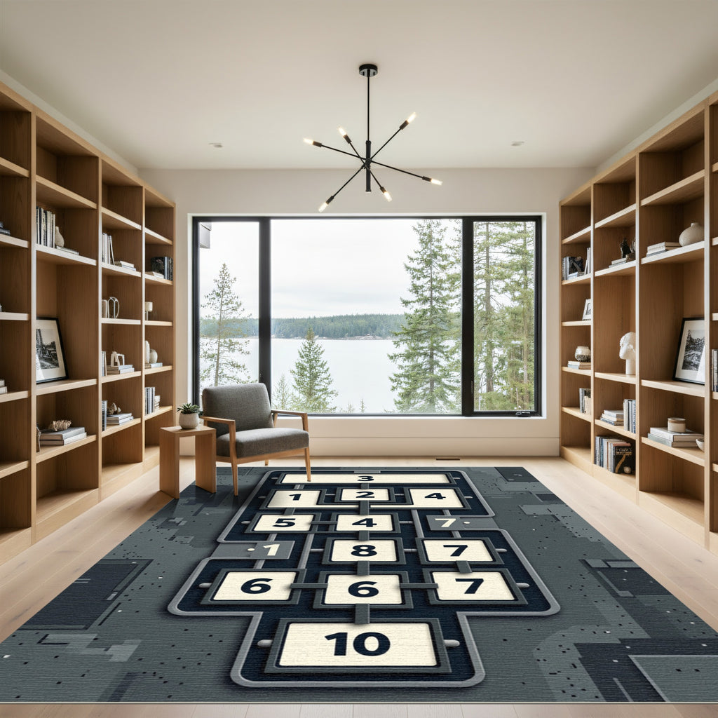 Industrial Charcoal Gray Geometric Tech Grid Rug