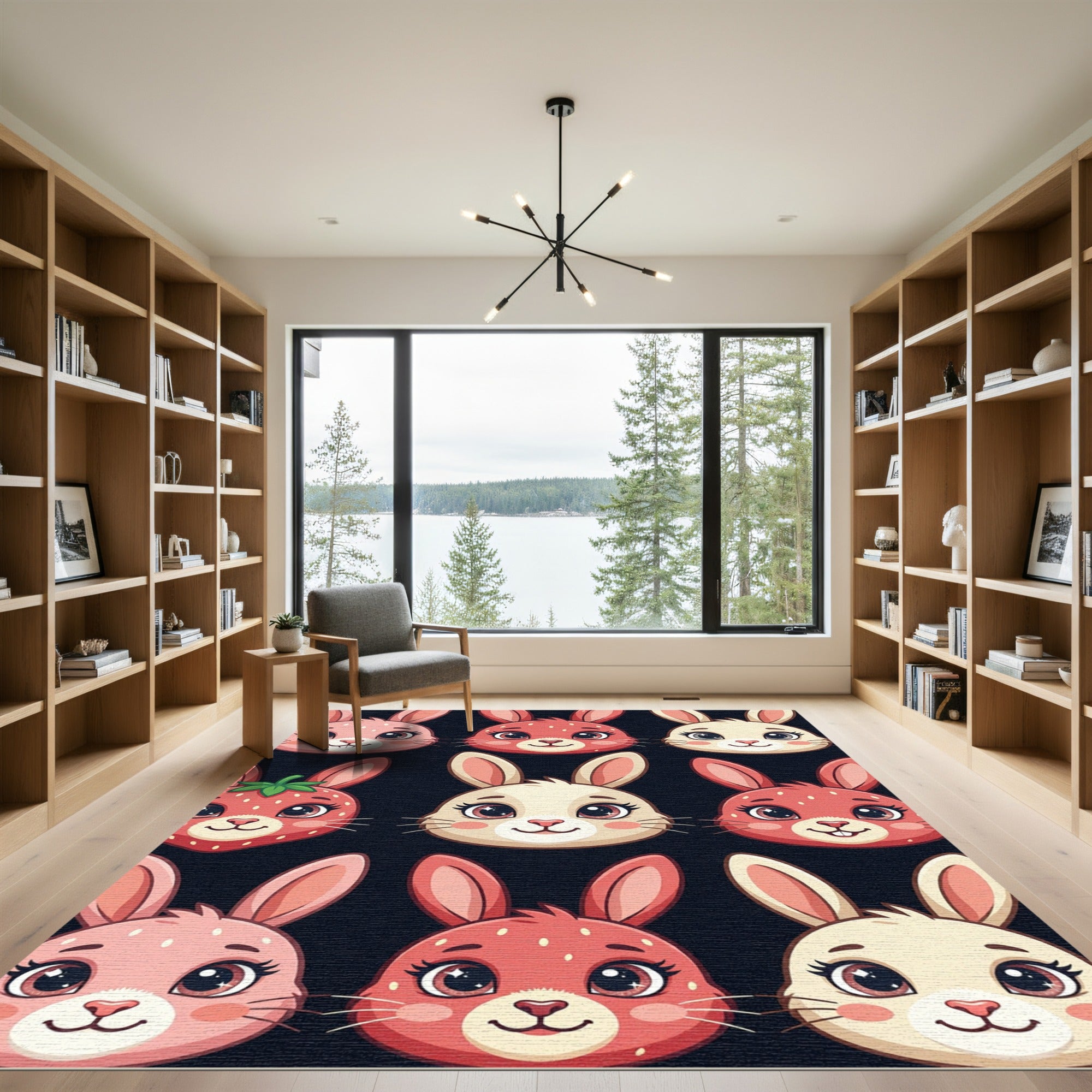 Cute Strawberry Rabbit Bunny Face Grid Rug