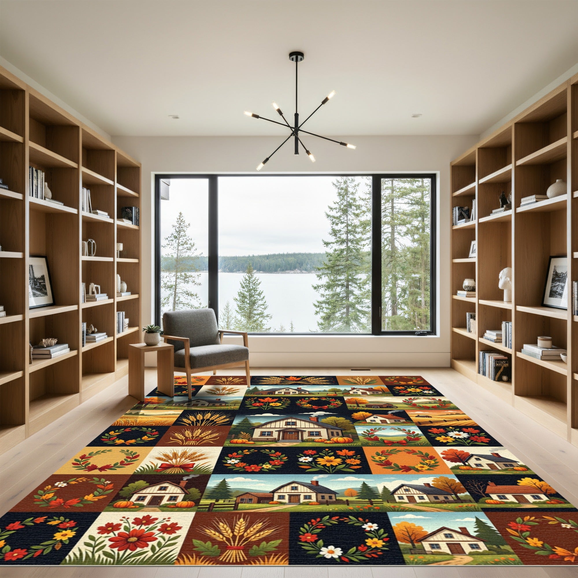 Rustic Autumn Farmhouse Wheat Floral Patchwork Rug