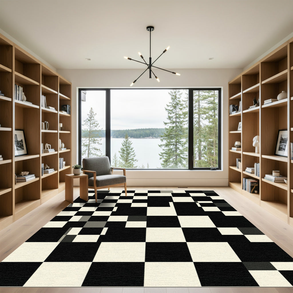 Minimalist Monochrome Oversized Checkerboard Square Grid Rug