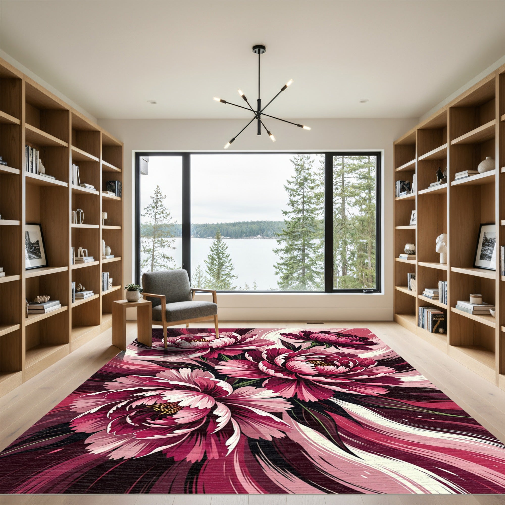 Crimson Pink Peony Floral Burst Rug