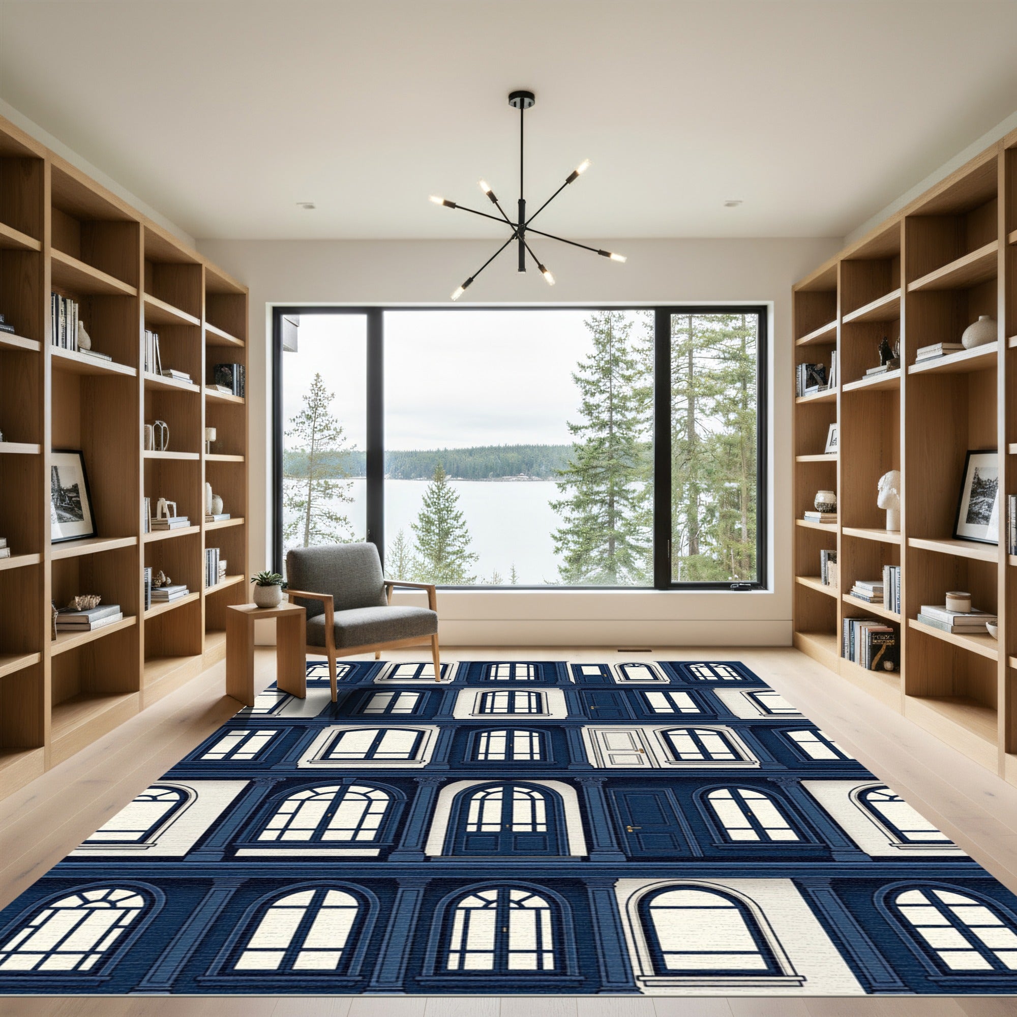 Neoclassical Navy Architectural Facade Grid Rug