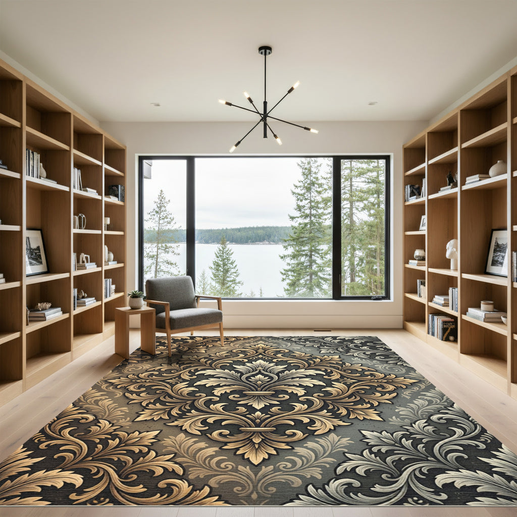 Elegant Gold Damask Foliage Medallion Rug