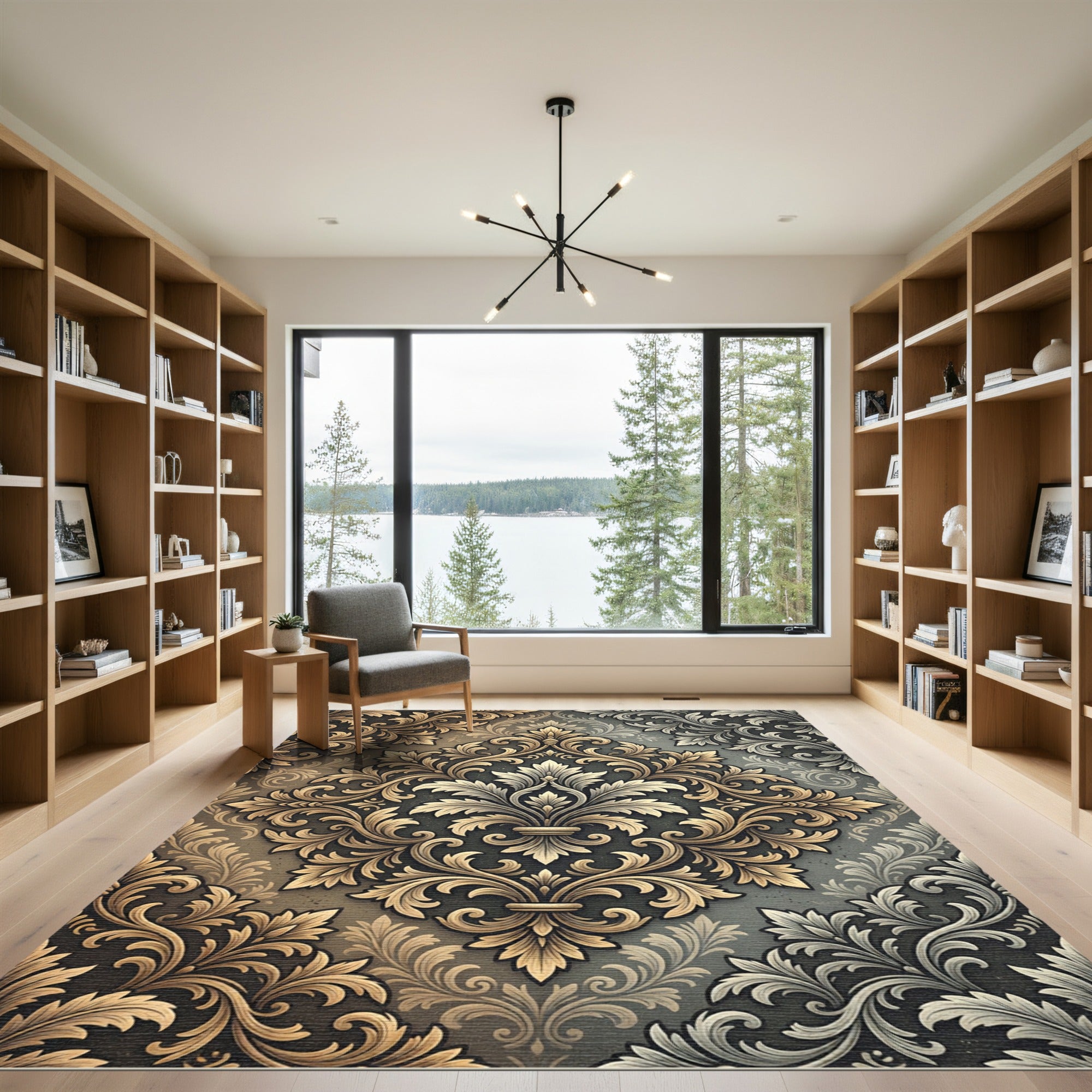 Elegant Gold Damask Foliage Medallion Rug