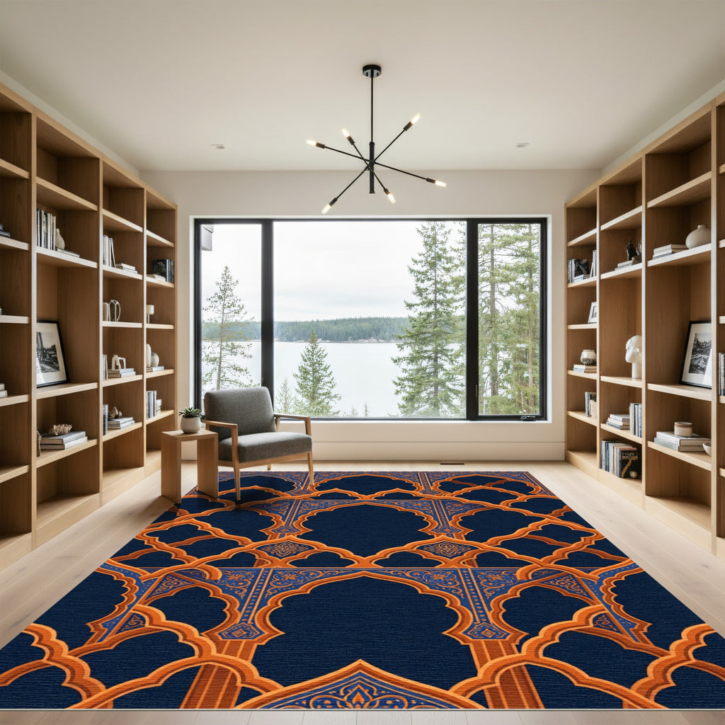 Ornate Azure Golden Archway Tapestry Rug