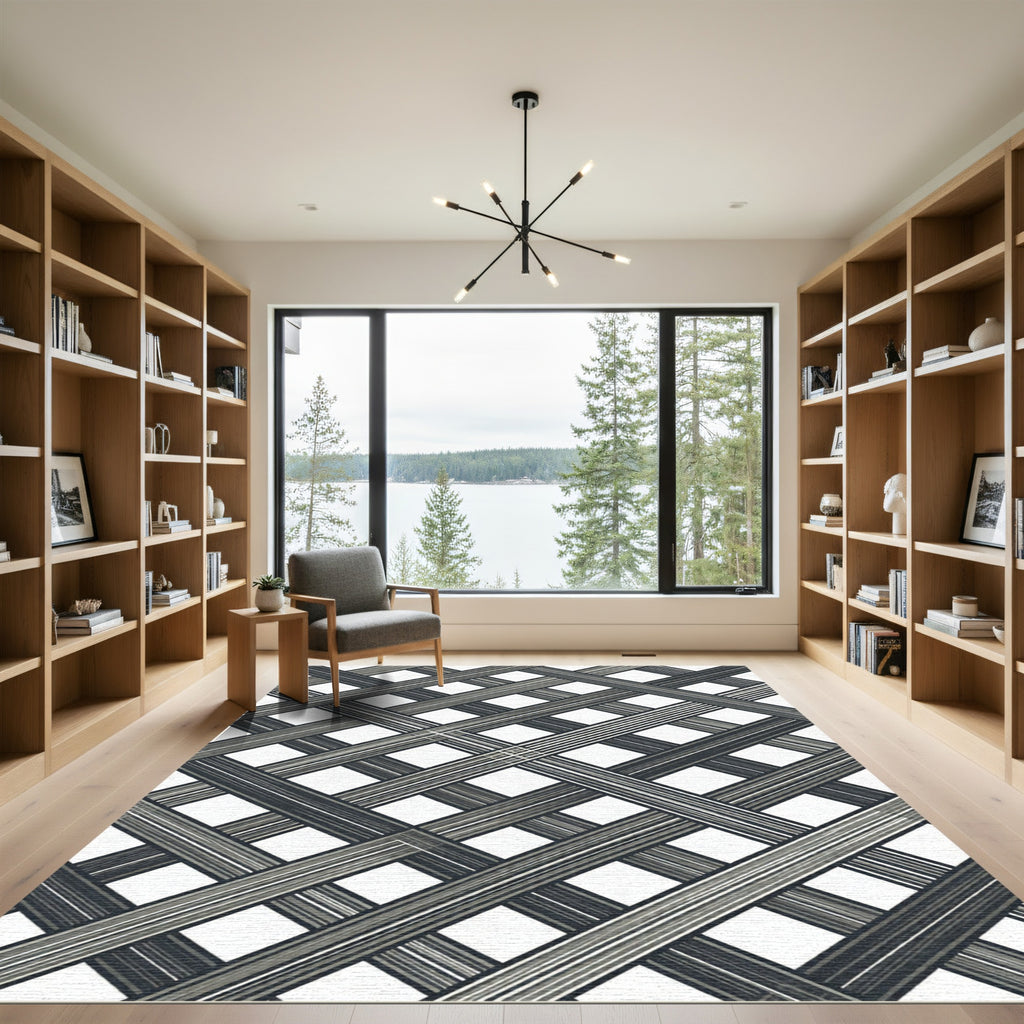 Monochrome Geometric Lattice Overlay Rug