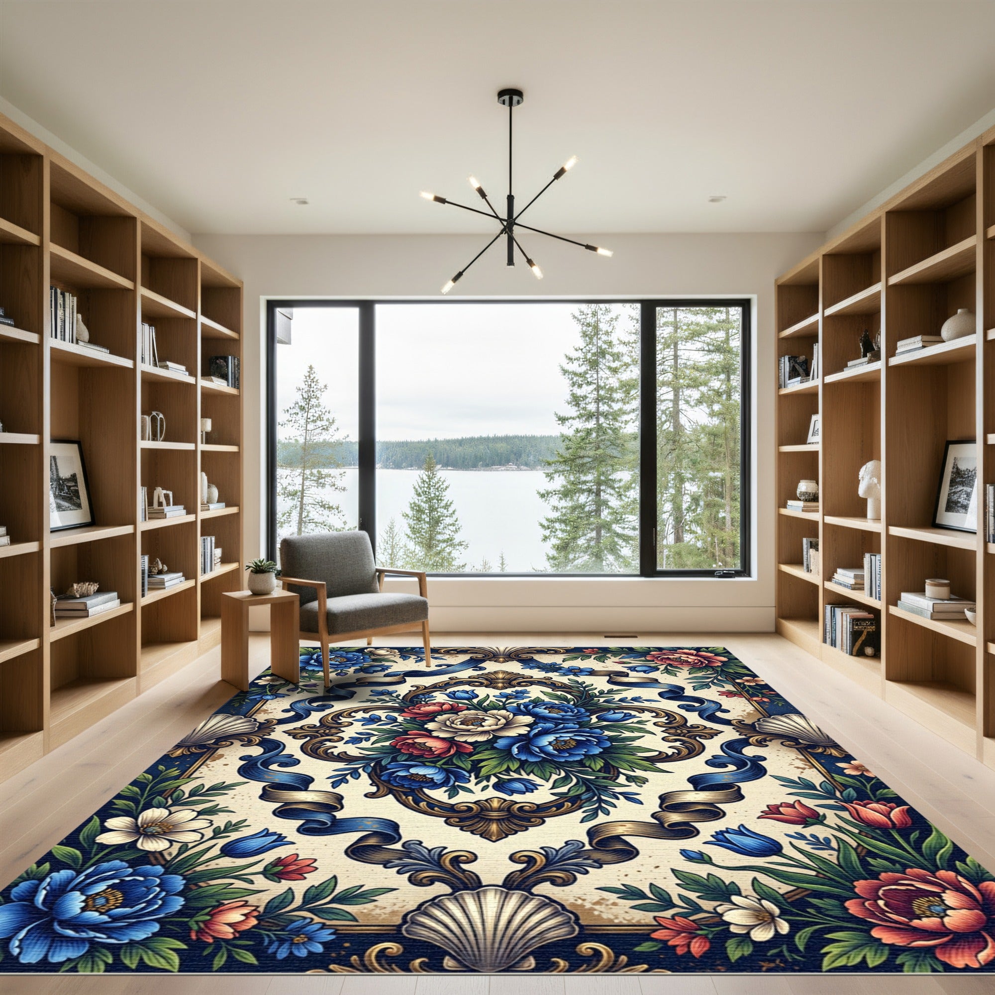 Elegant Blue Peony Floral Baroque Scroll Rug