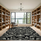 Ornate Black Silver Acanthus Scroll Rug
