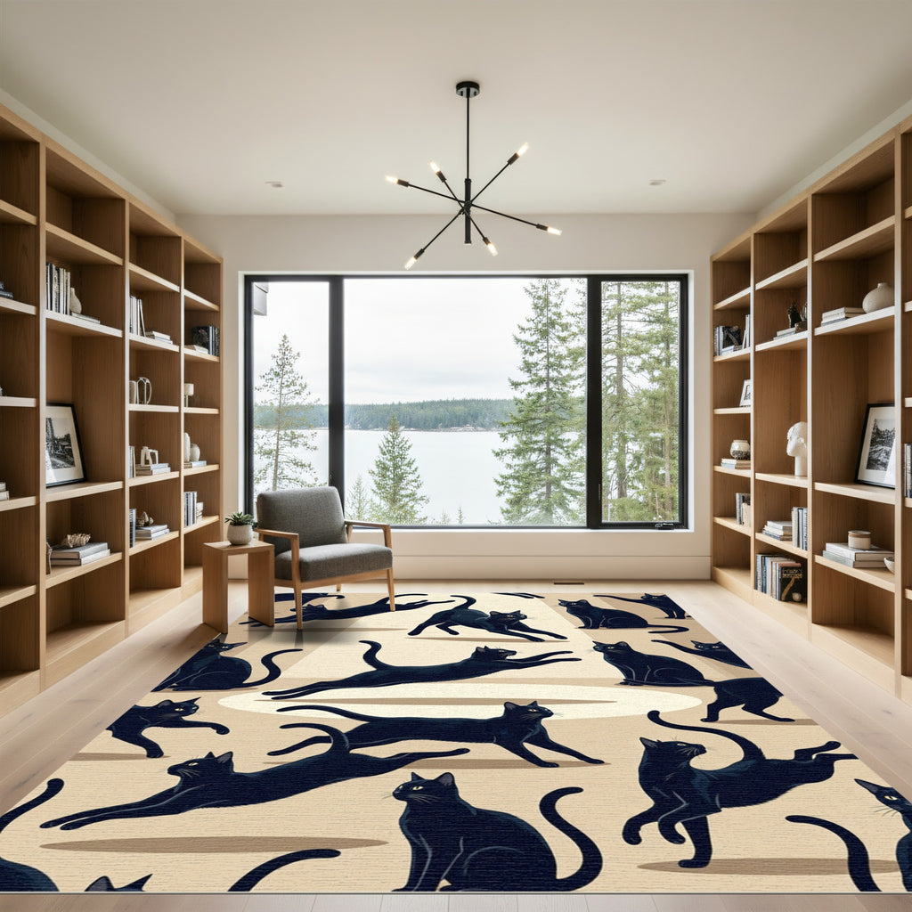 Playful Black Cat Silhouette Illustration Rug