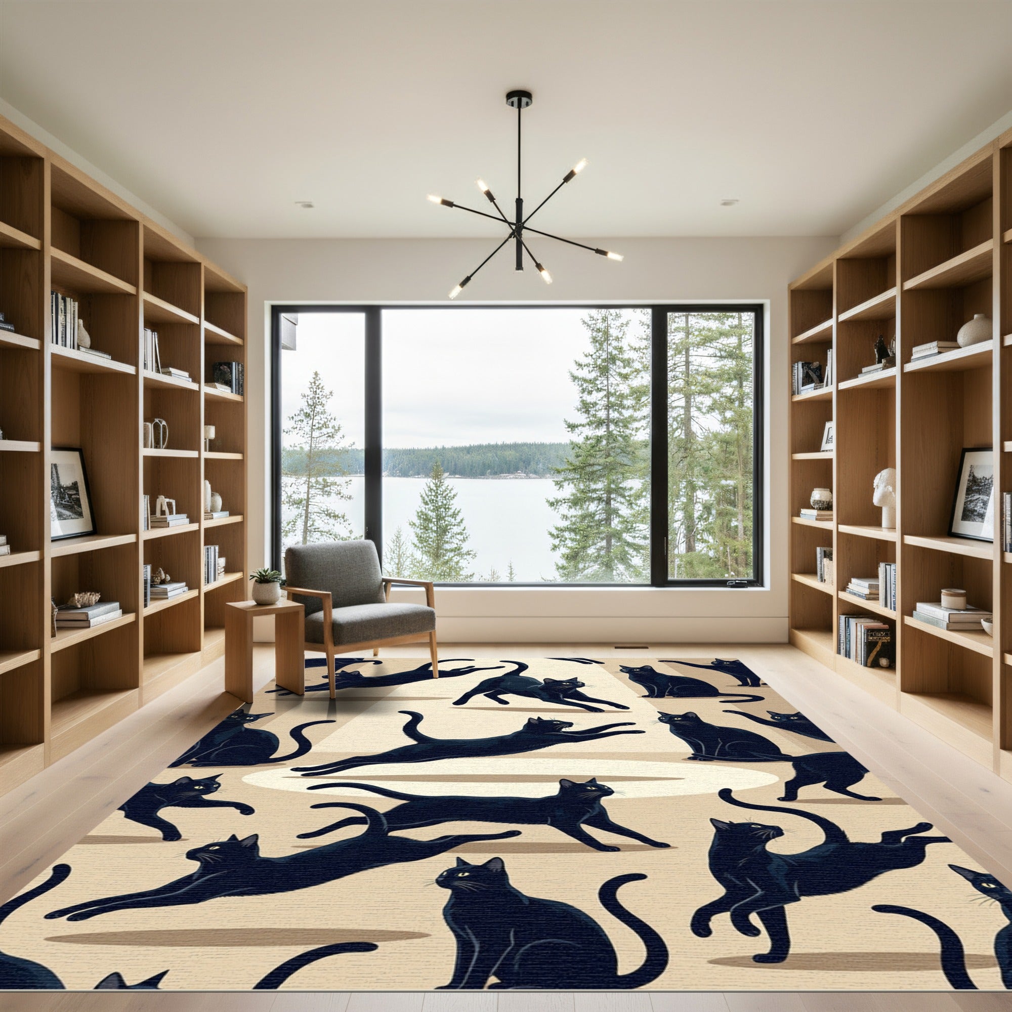 Playful Black Cat Silhouette Illustration Rug
