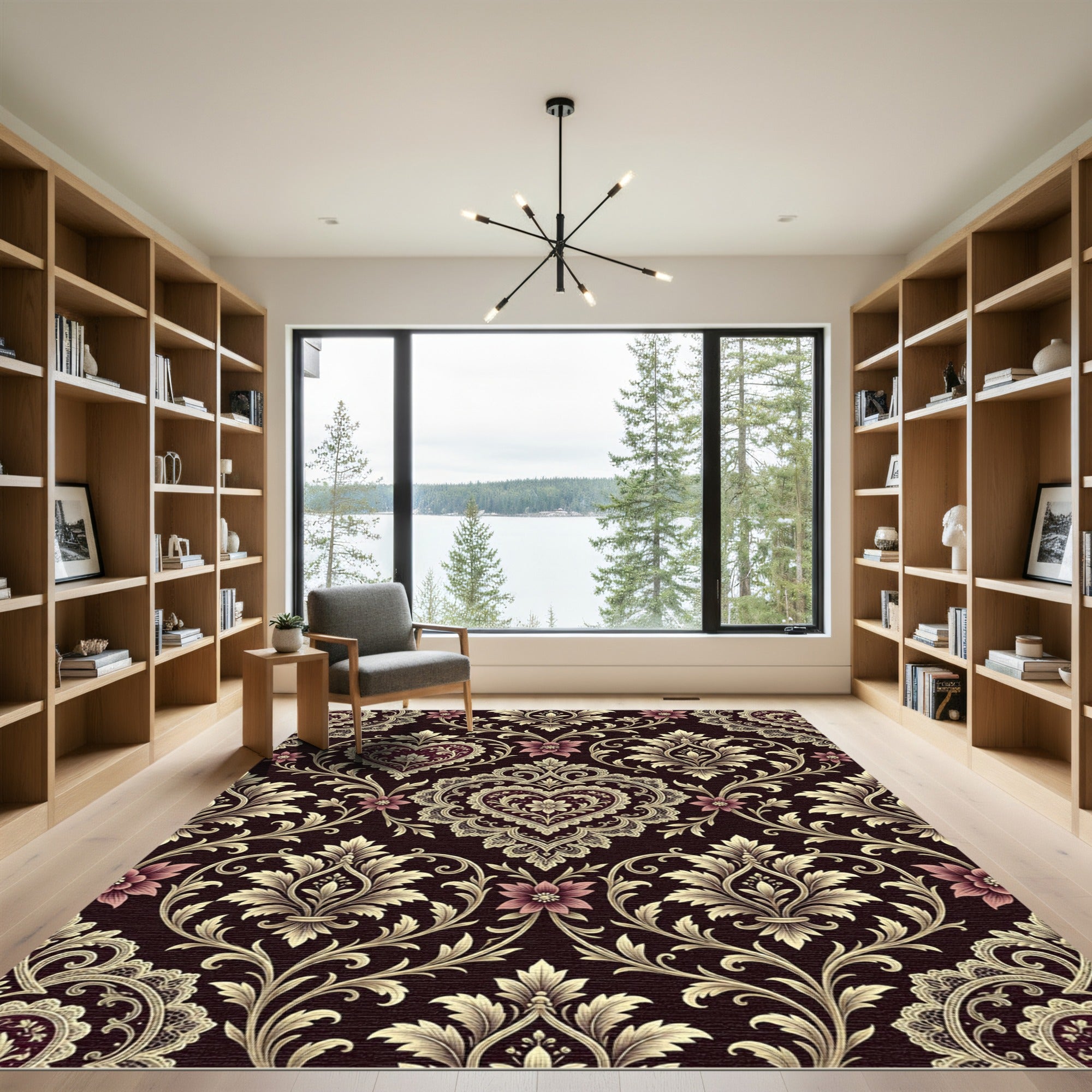 Ornate Damask Heart Scroll Floral Cream Rug