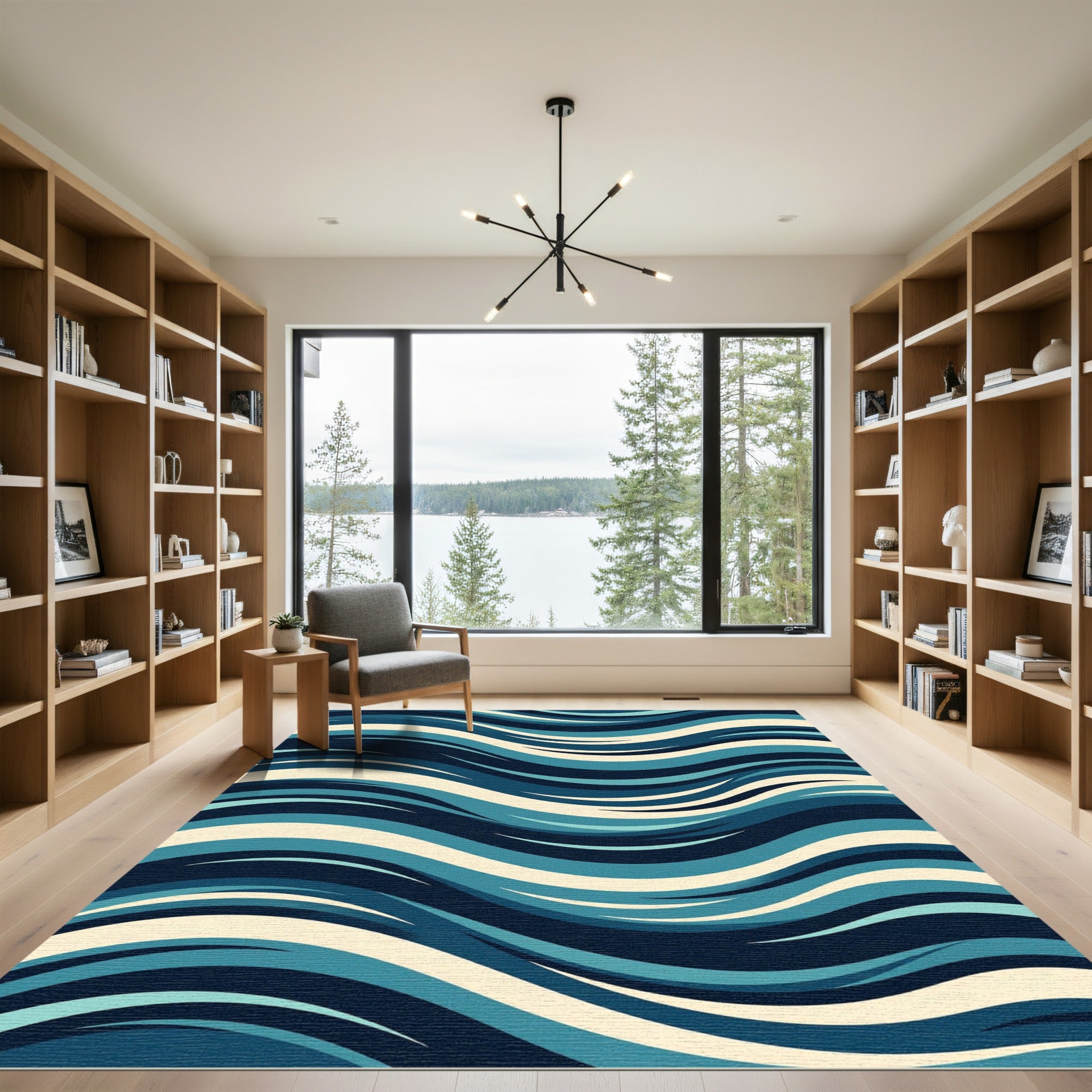 Modern Navy and Teal Abstract Waves Rug