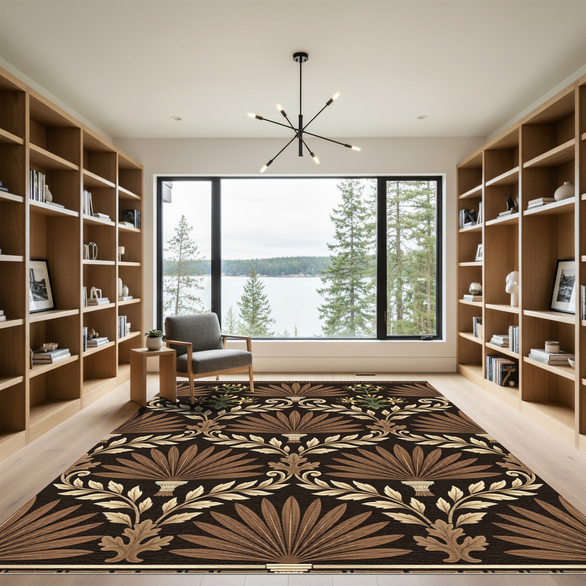 Brown and Gold Palmate Floral Border Rug