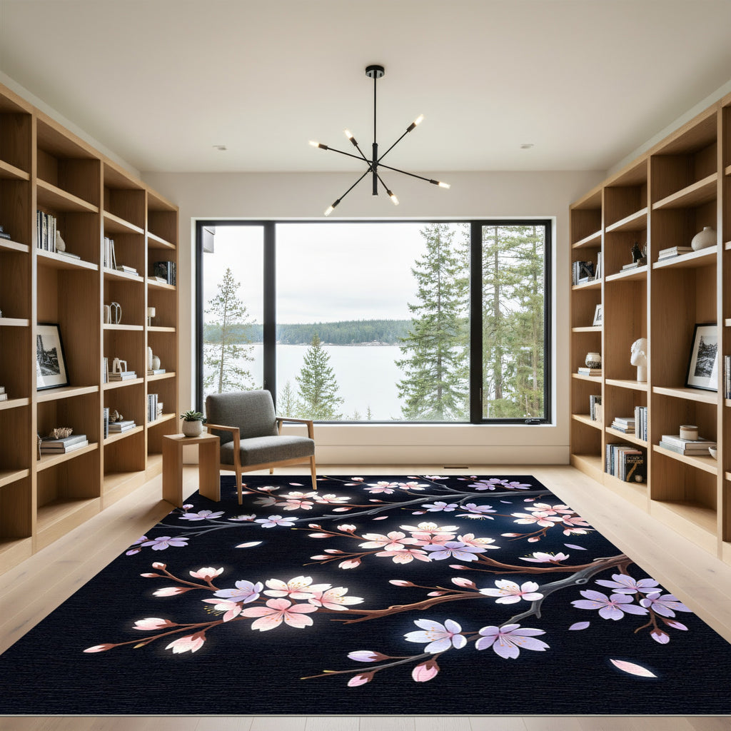 Luminous Cherry Blossom Branches on Black Rug