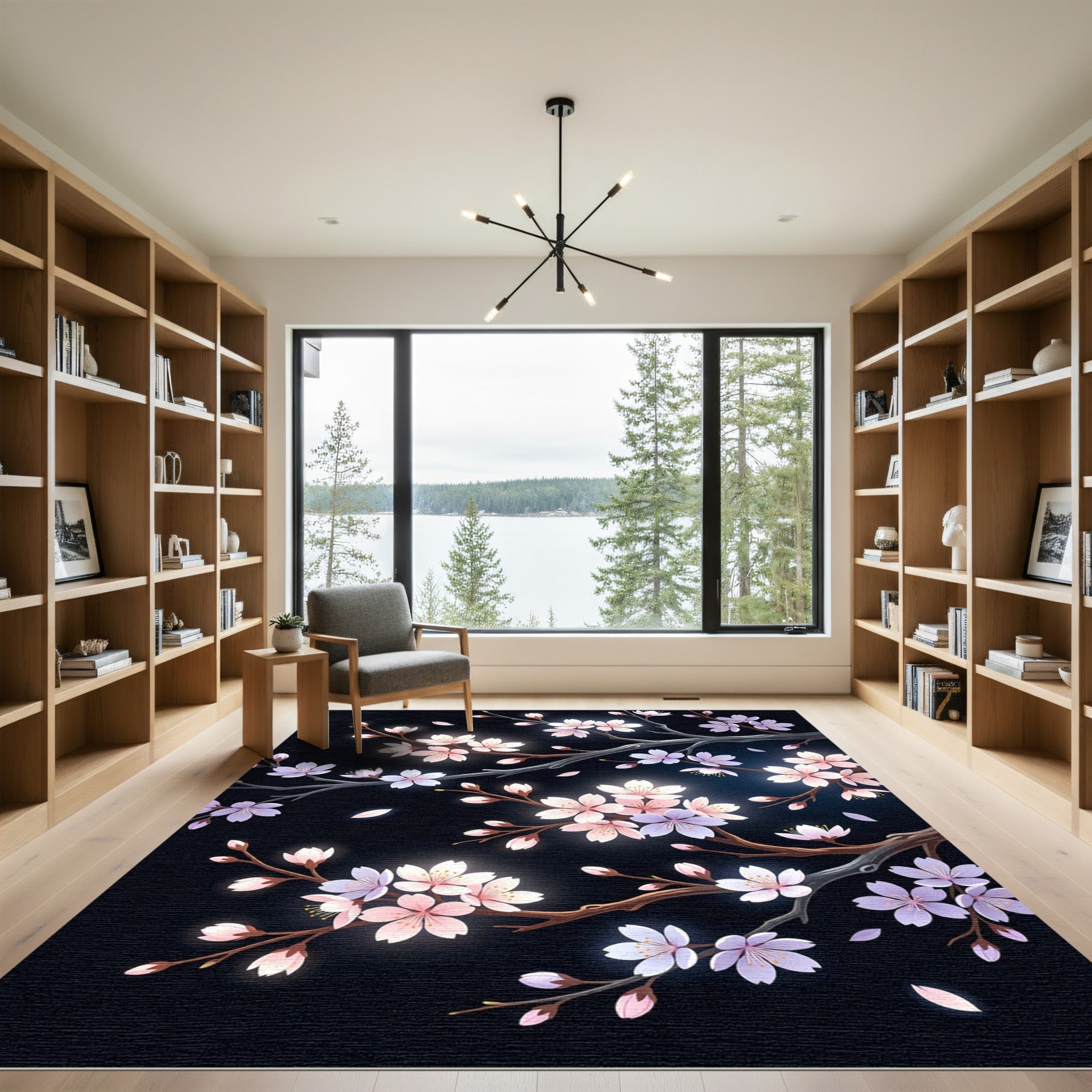 Luminous Cherry Blossom Branches on Black Rug