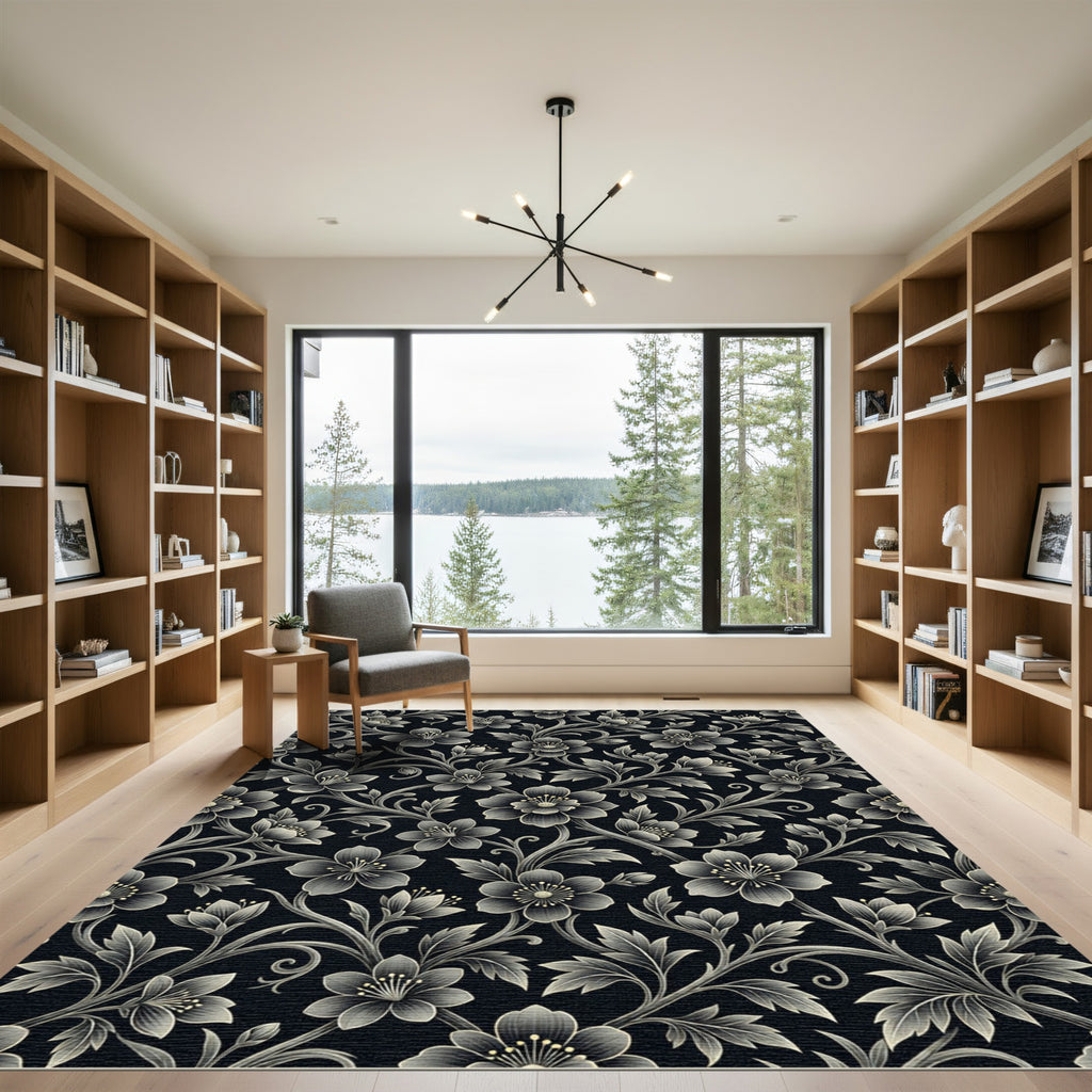 Ornate Black Floral Vine Swirls Rug