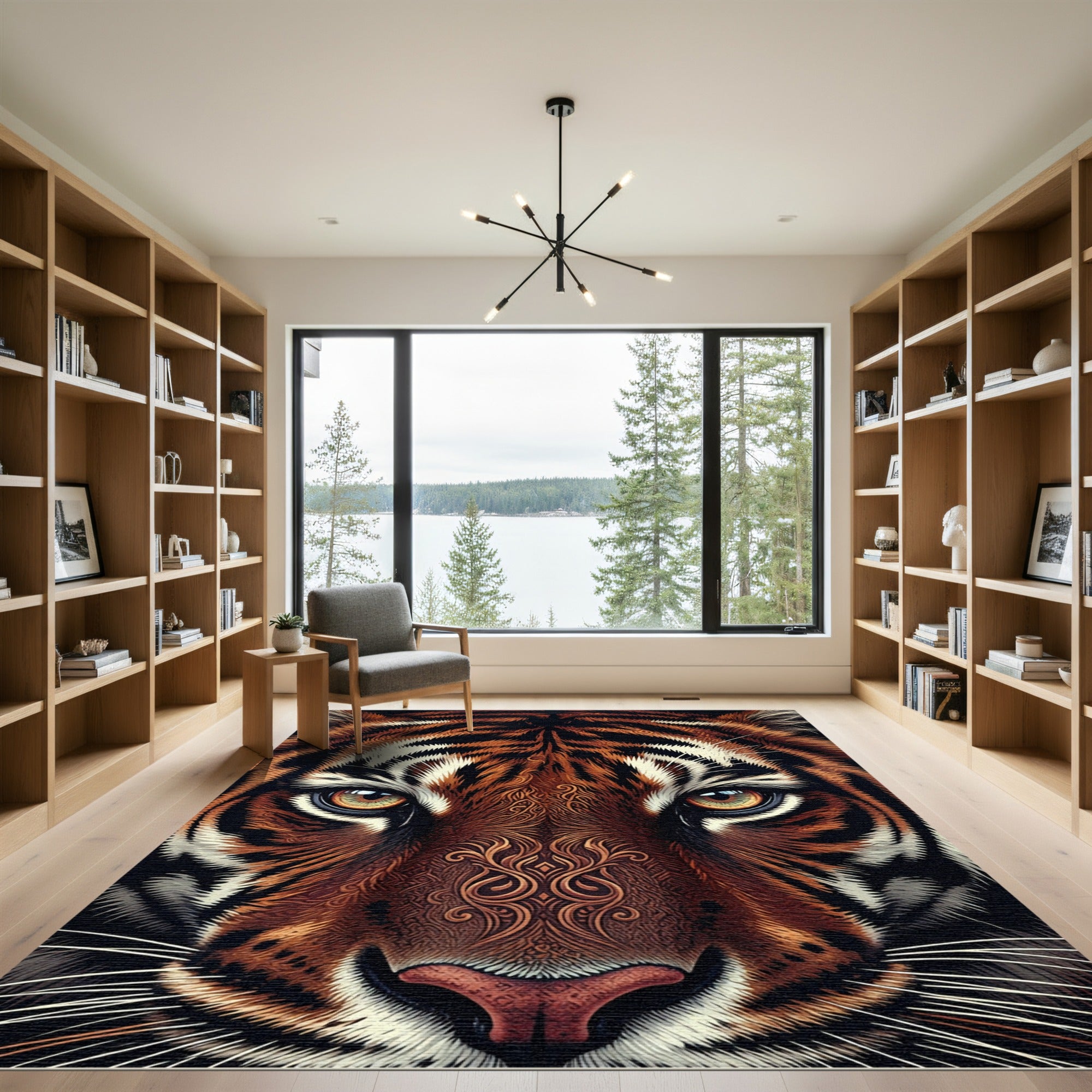 Intricate Tiger Face Brown White Stripes Rug