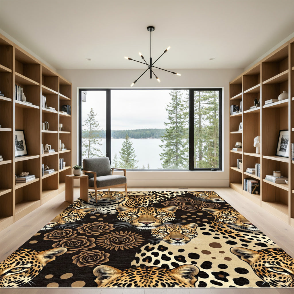 Golden Leopard and Rose Floral Composition Rug