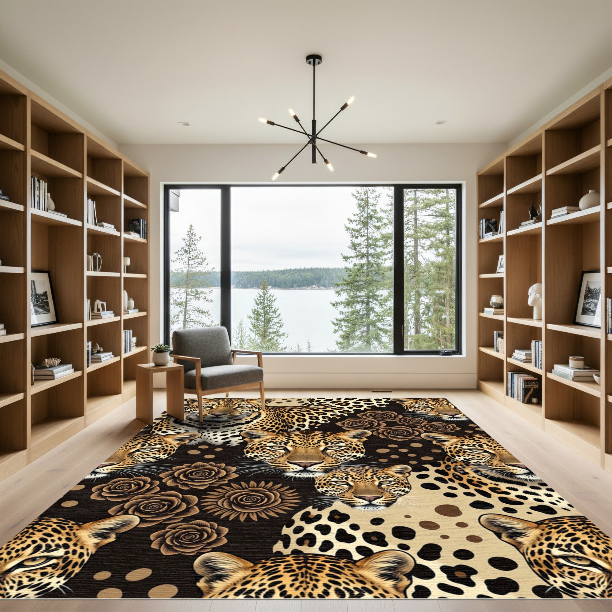 Golden Leopard and Rose Floral Composition Rug