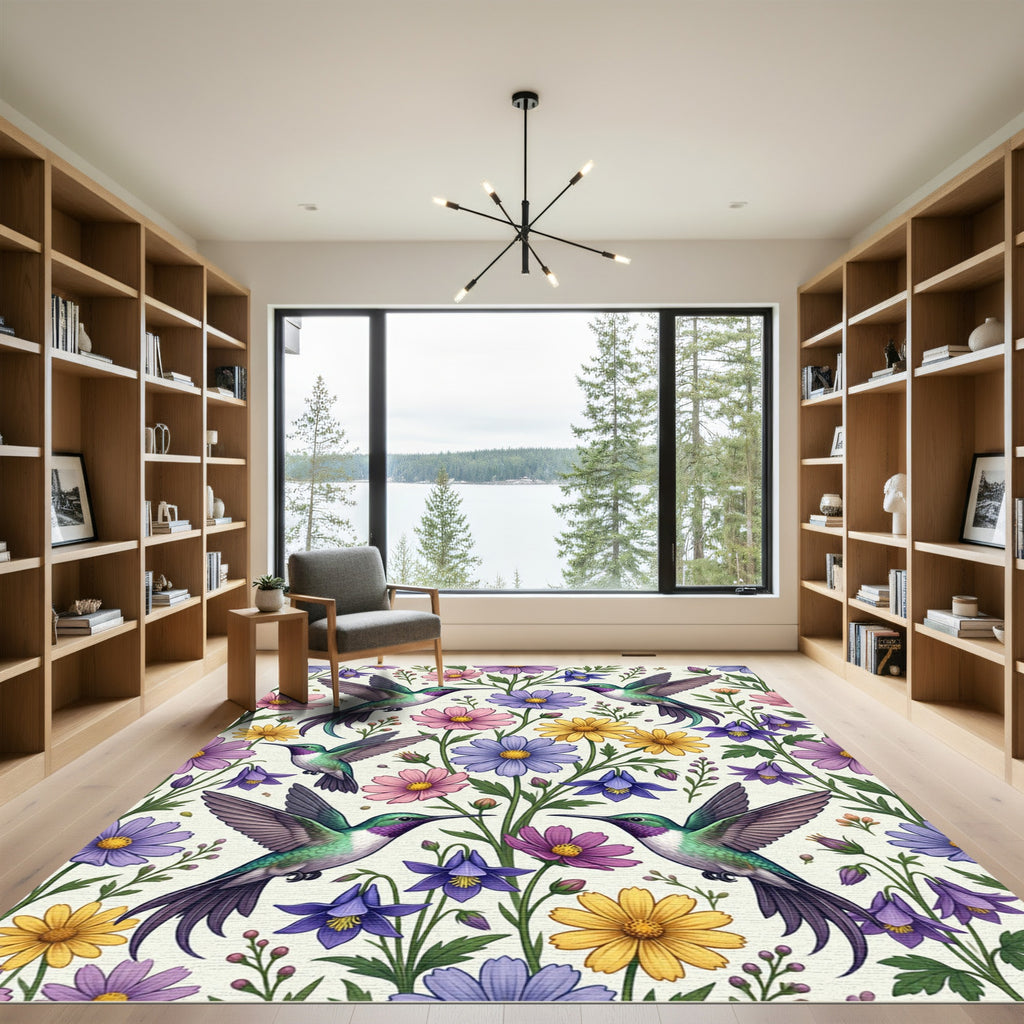 Vibrant Hummingbird and Floral Botanical Meadow Rug
