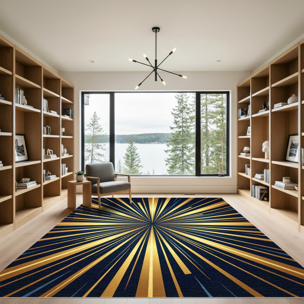 Golden Radiant Burst Abstract Rays Rug