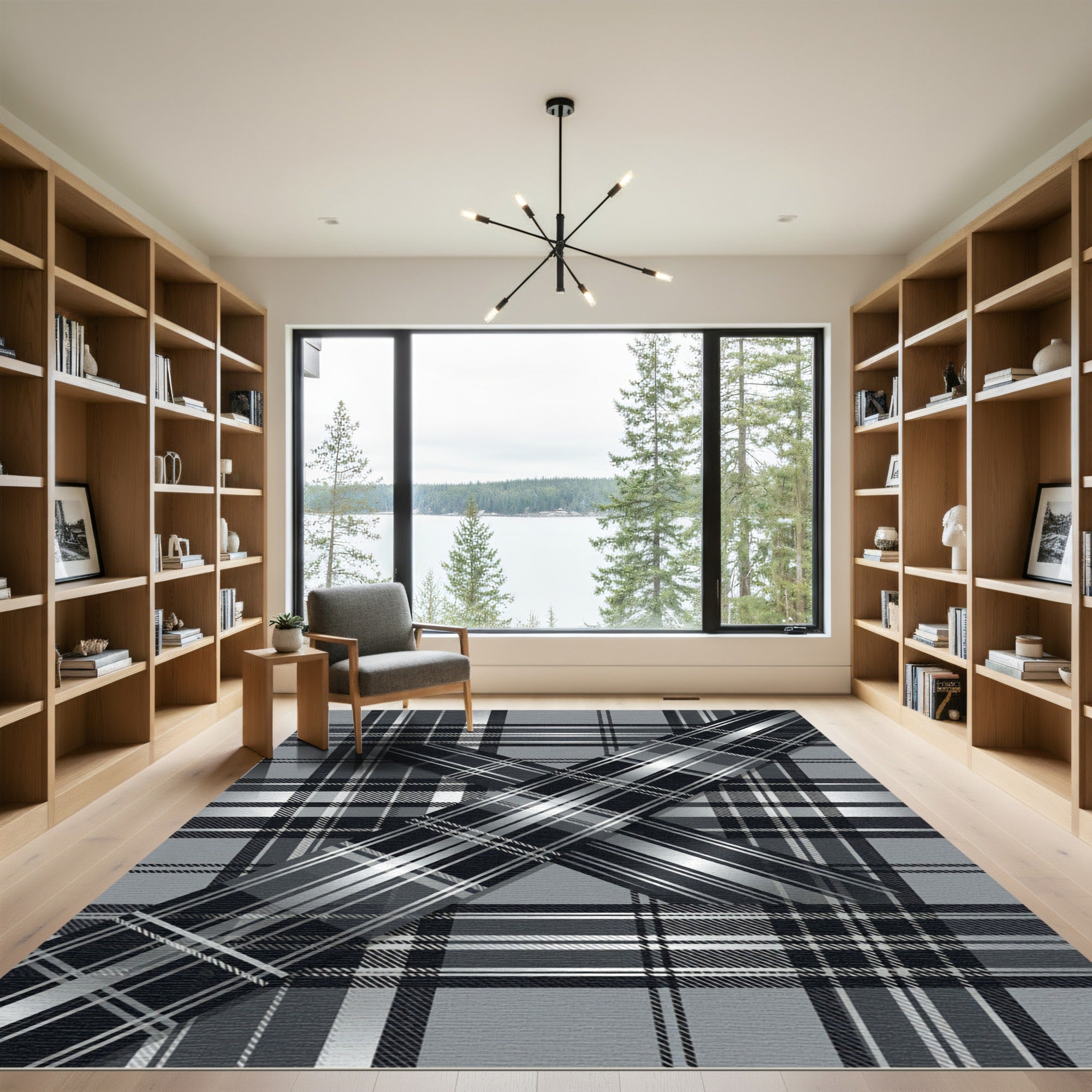Monochrome Plaid Layered Cross Abstract Rug