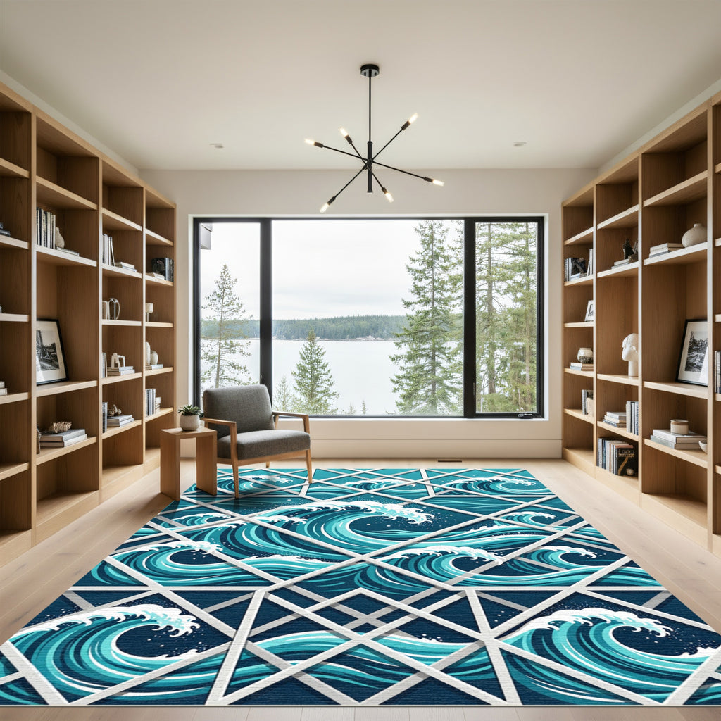 Deep Blue Geometric Ocean Wave Rug