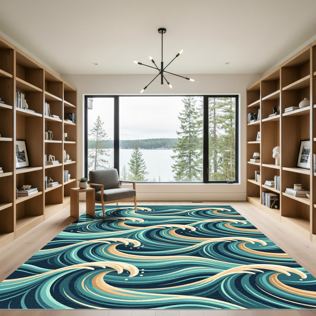 Teal and Cream Japanese Ocean Wave Rug