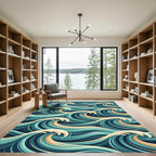 Teal and Cream Japanese Ocean Wave Rug