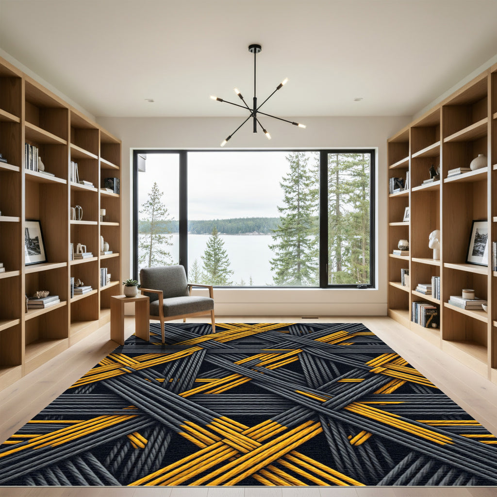 Abstract Interwoven Gray Yellow Strands Rug