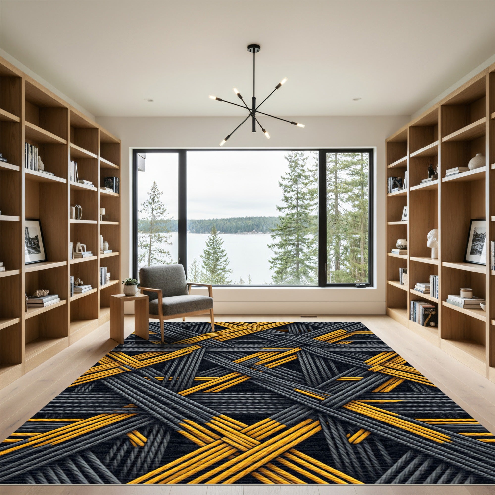 Abstract Interwoven Gray Yellow Strands Rug