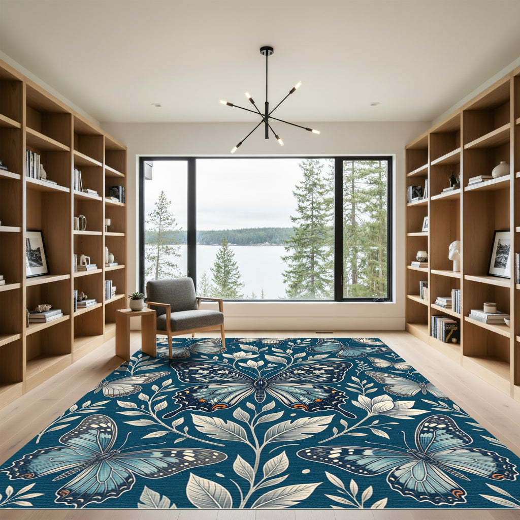 Elegant Blue Butterfly Botanical Garden Rug