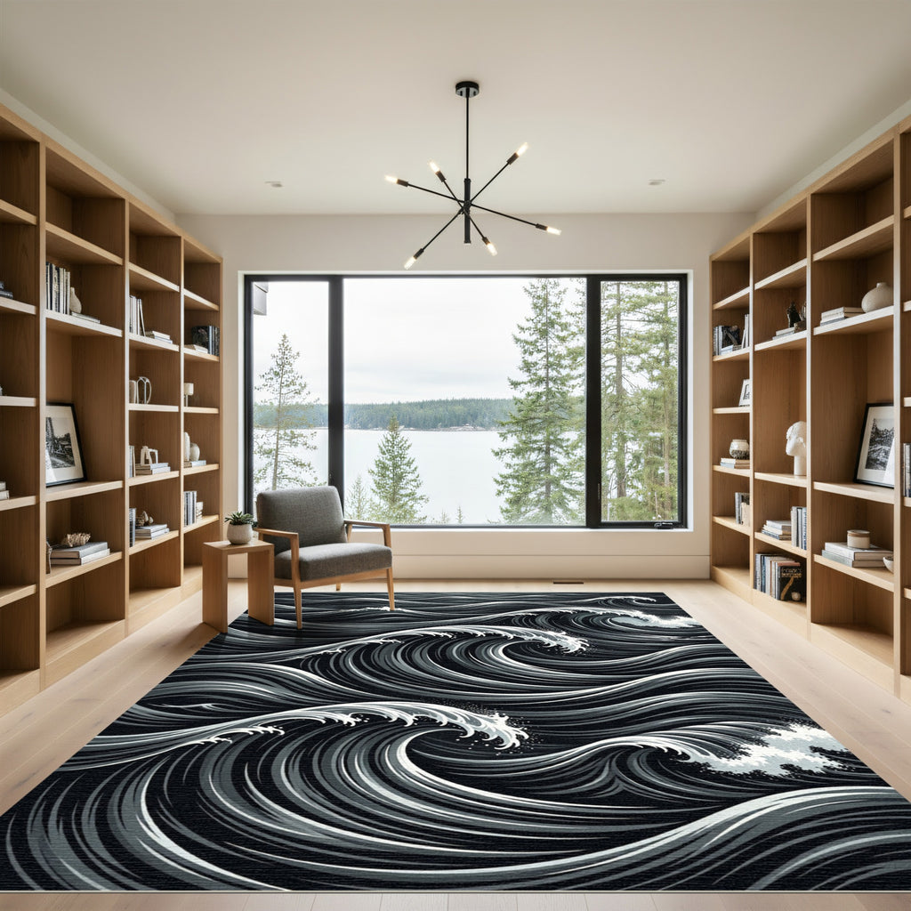Monochromatic Black White Rolling Waves Rug