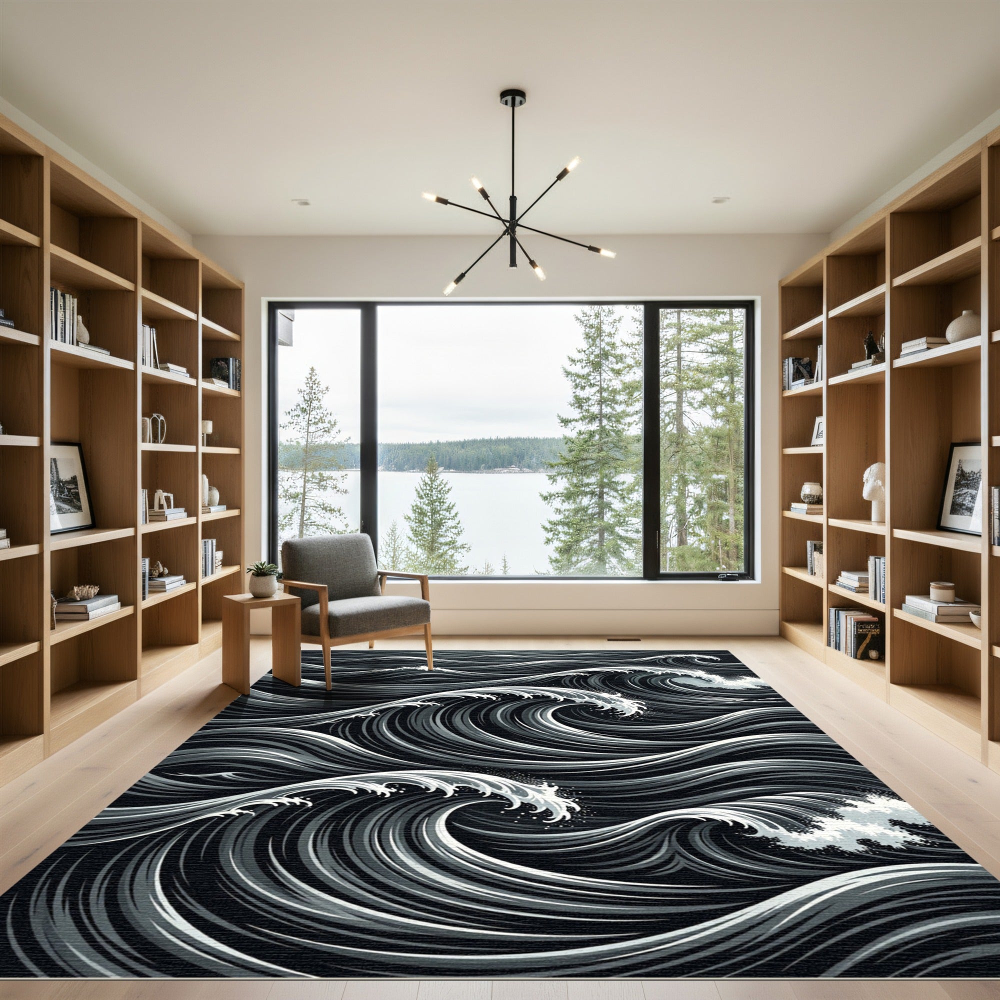 Monochromatic Black White Rolling Waves Rug