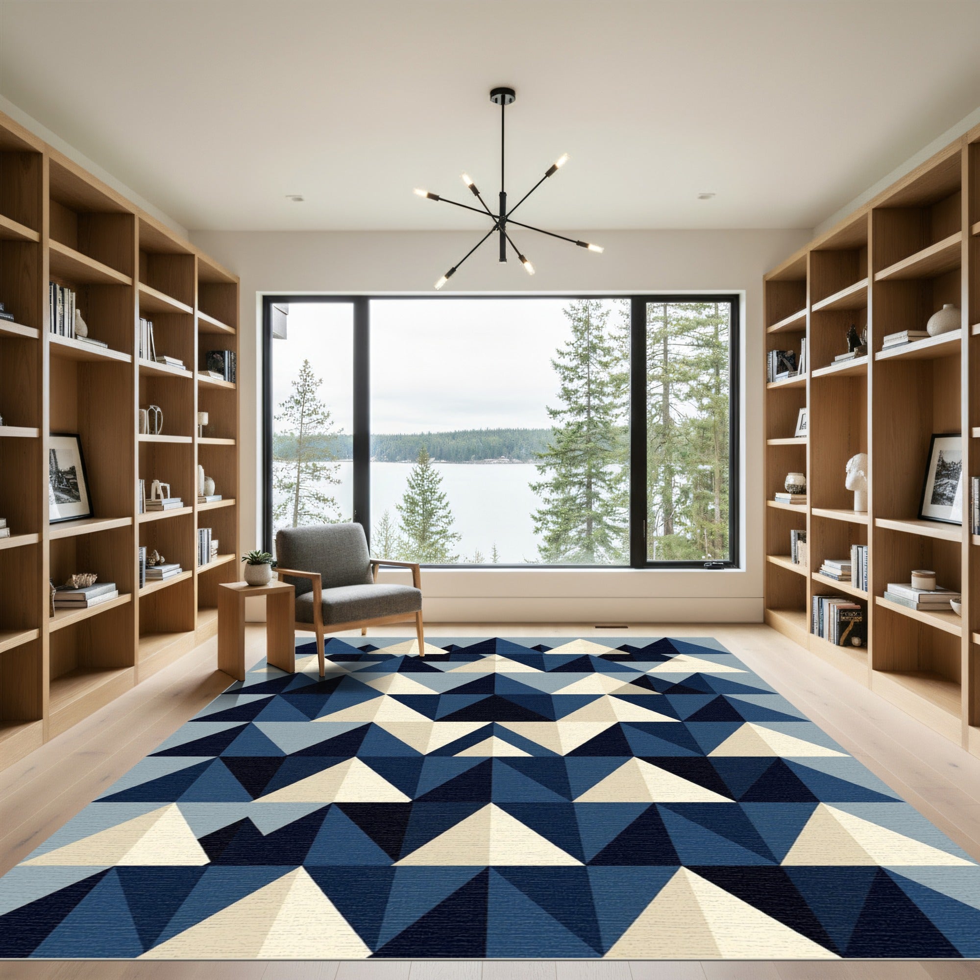 Midcentury Navy and Cream Geometric Triangle Rug