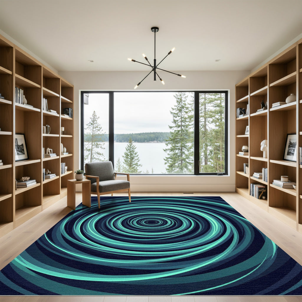 Modern Abstract Teal Circular Swirl Rug