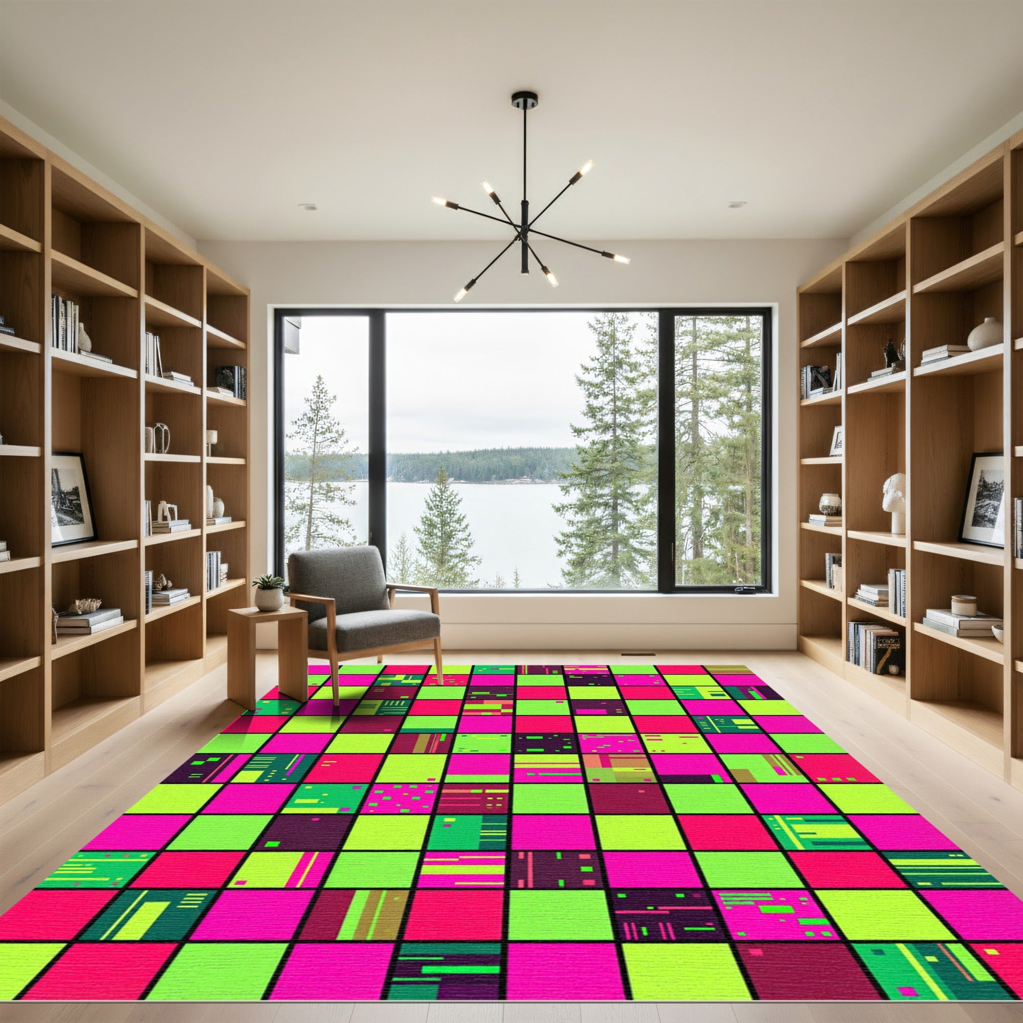 Vibrant Neon Pixel Grid Checkered Abstract Rug
